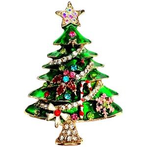 Decorated Christmas Tree Rhinestone and Enamel Brooch/Pin